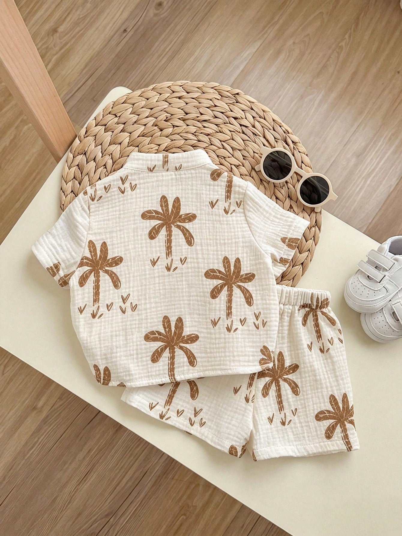 2pcs Boys Palm Print Resort Shirt & Shorts Set - Ecru