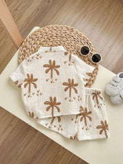 2pcs Boys Palm Print Resort Shirt & Shorts Set - Ecru