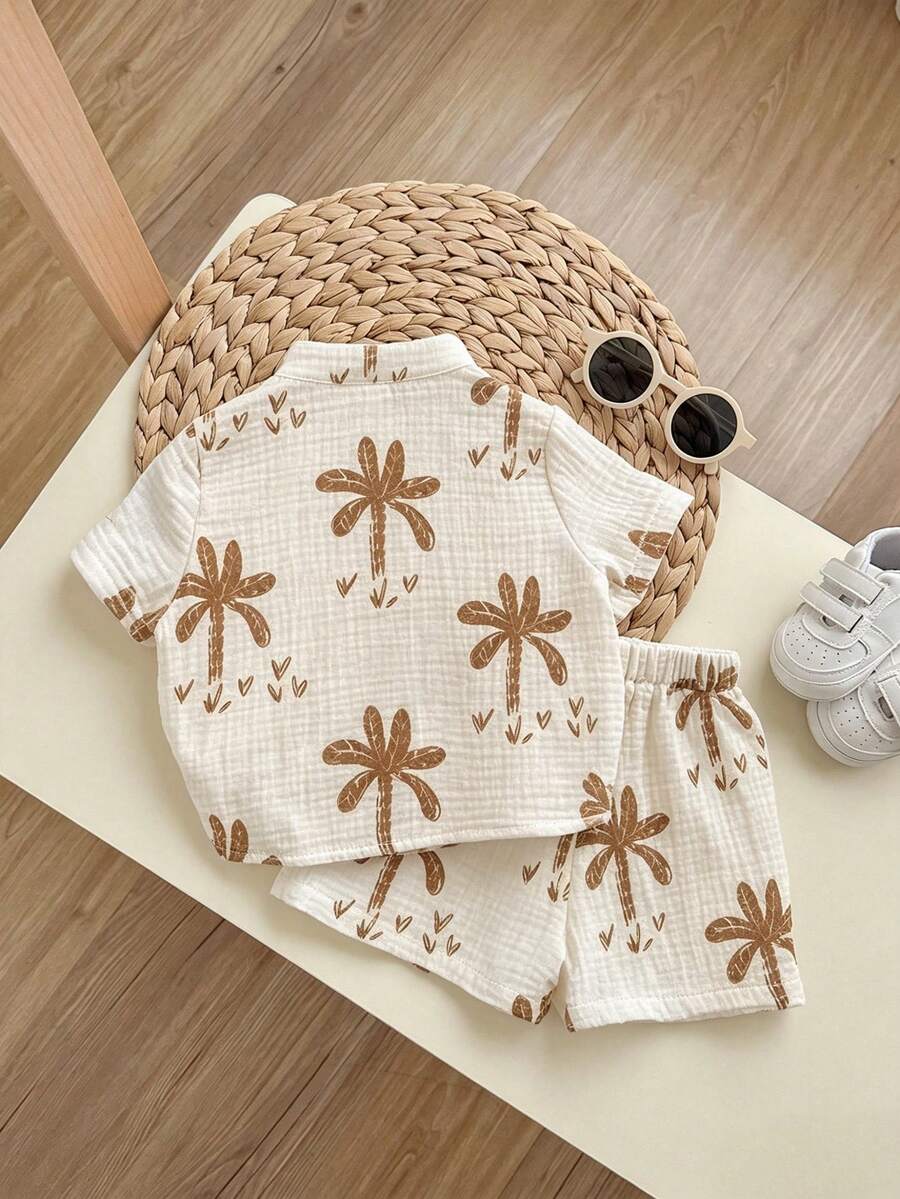 2pcs Boys Palm Print Resort Shirt & Shorts Set - Ecru