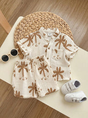 2pcs Boys Palm Print Resort Shirt & Shorts Set - Ecru