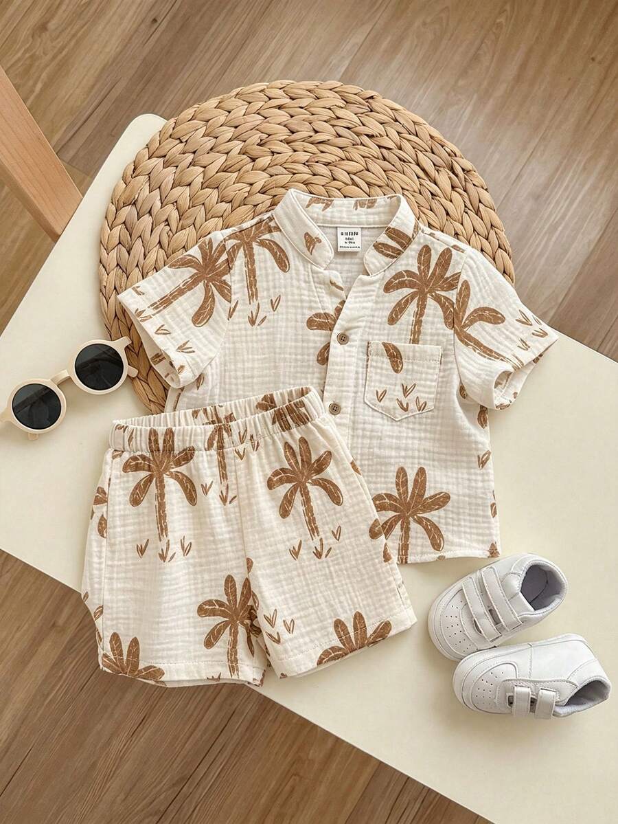 2pcs Boys Palm Print Resort Shirt & Shorts Set - Ecru