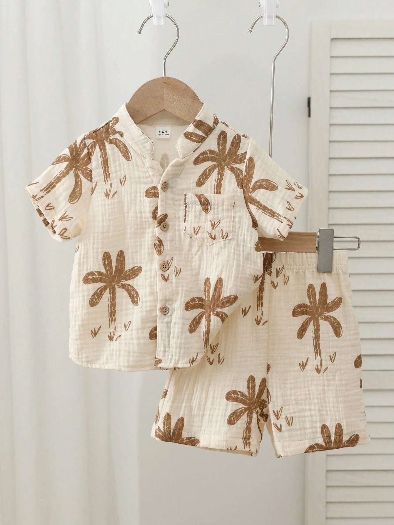 2pcs Boys Palm Print Resort Shirt & Shorts Set - Ecru