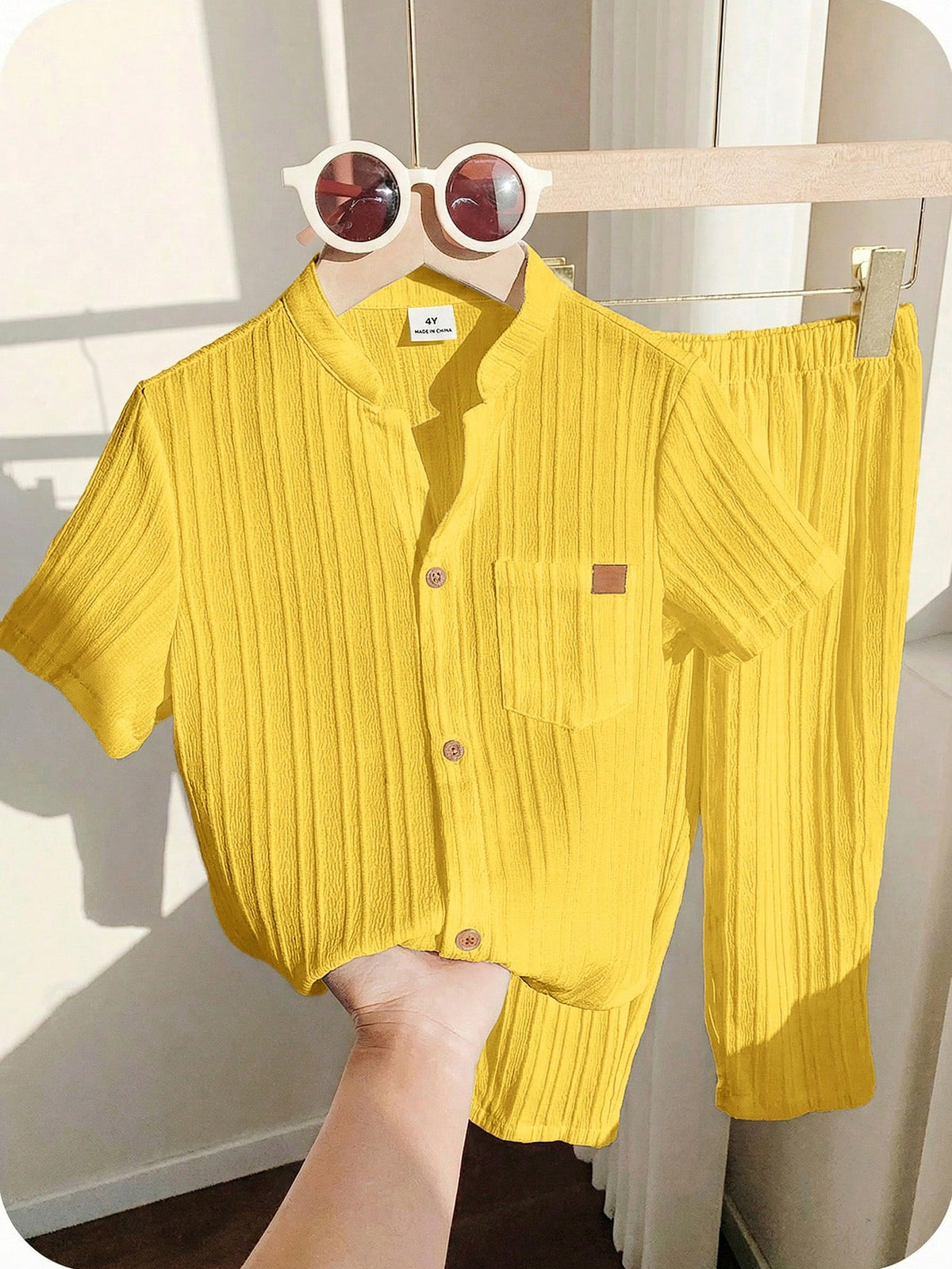 Little Boys Textured Stand Collar Shirt & Trouser Set - Buttercup