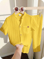 Little Boys Textured Stand Collar Shirt & Trouser Set - Buttercup