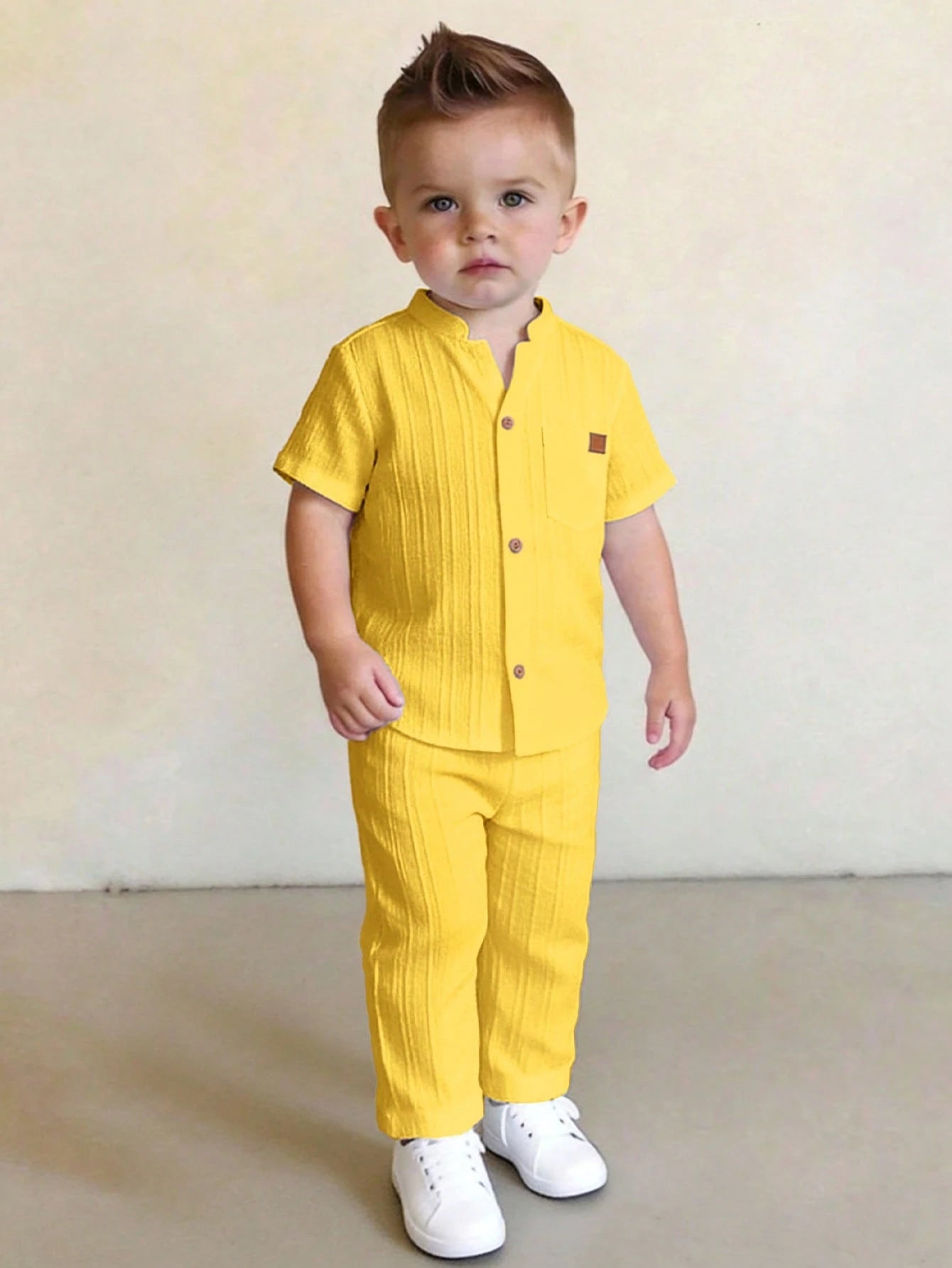 Little Boys Textured Stand Collar Shirt & Trouser Set - Buttercup