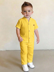 Little Boys Textured Stand Collar Shirt & Trouser Set - Buttercup