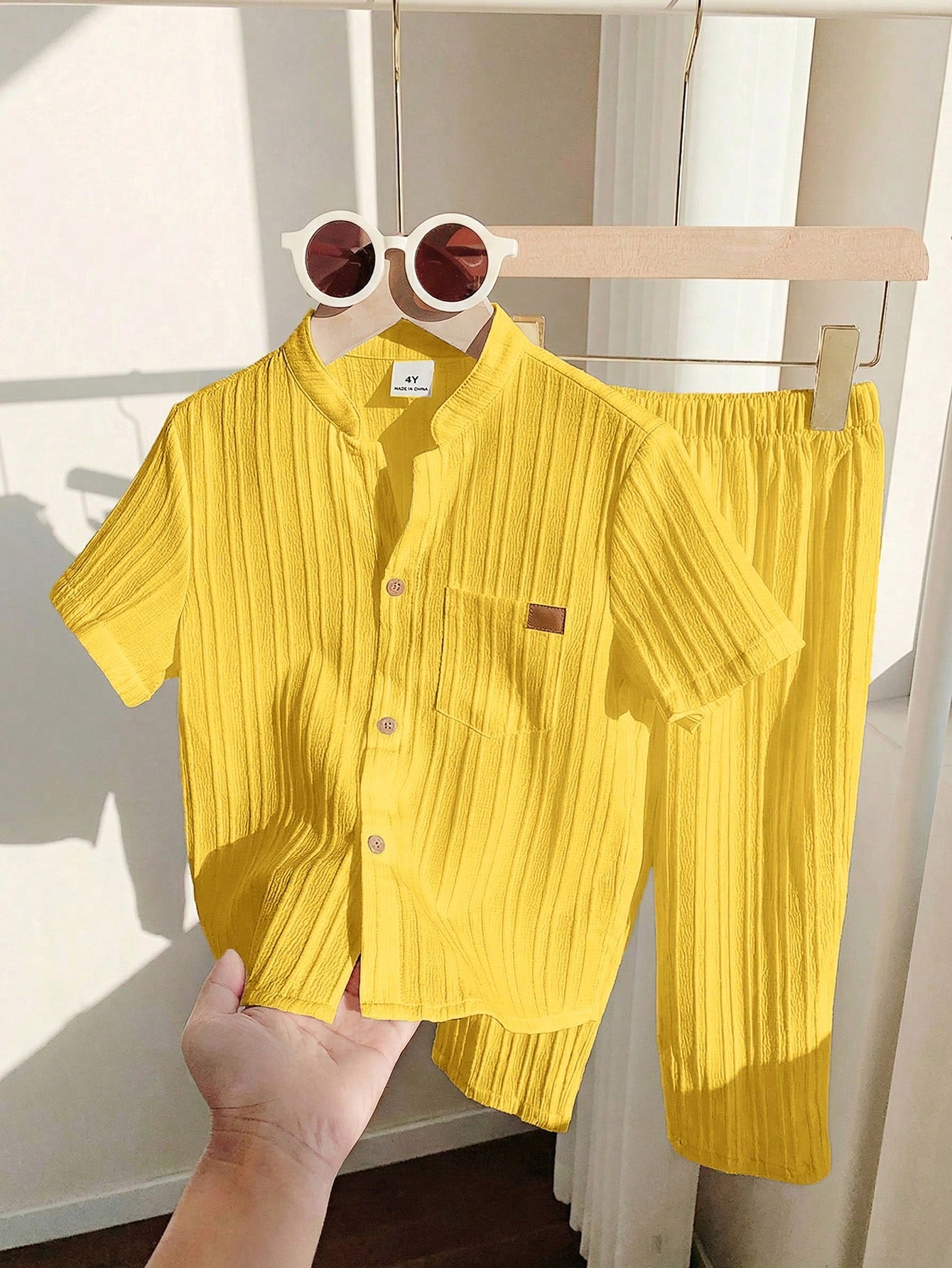 Little Boys Textured Stand Collar Shirt & Trouser Set - Buttercup