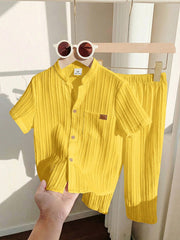Little Boys Textured Stand Collar Shirt & Trouser Set - Buttercup