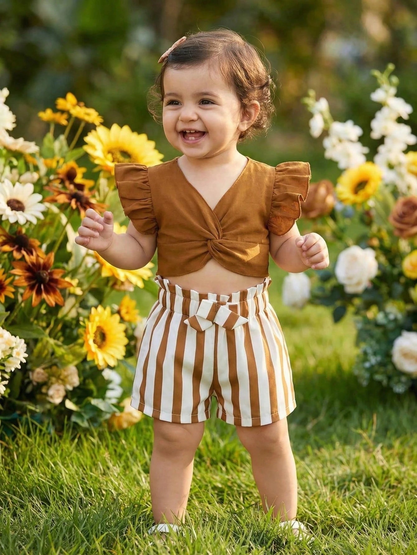 2pcs Girls Twist-Front Ruffle Top & Striped Shorts Set - Cognac