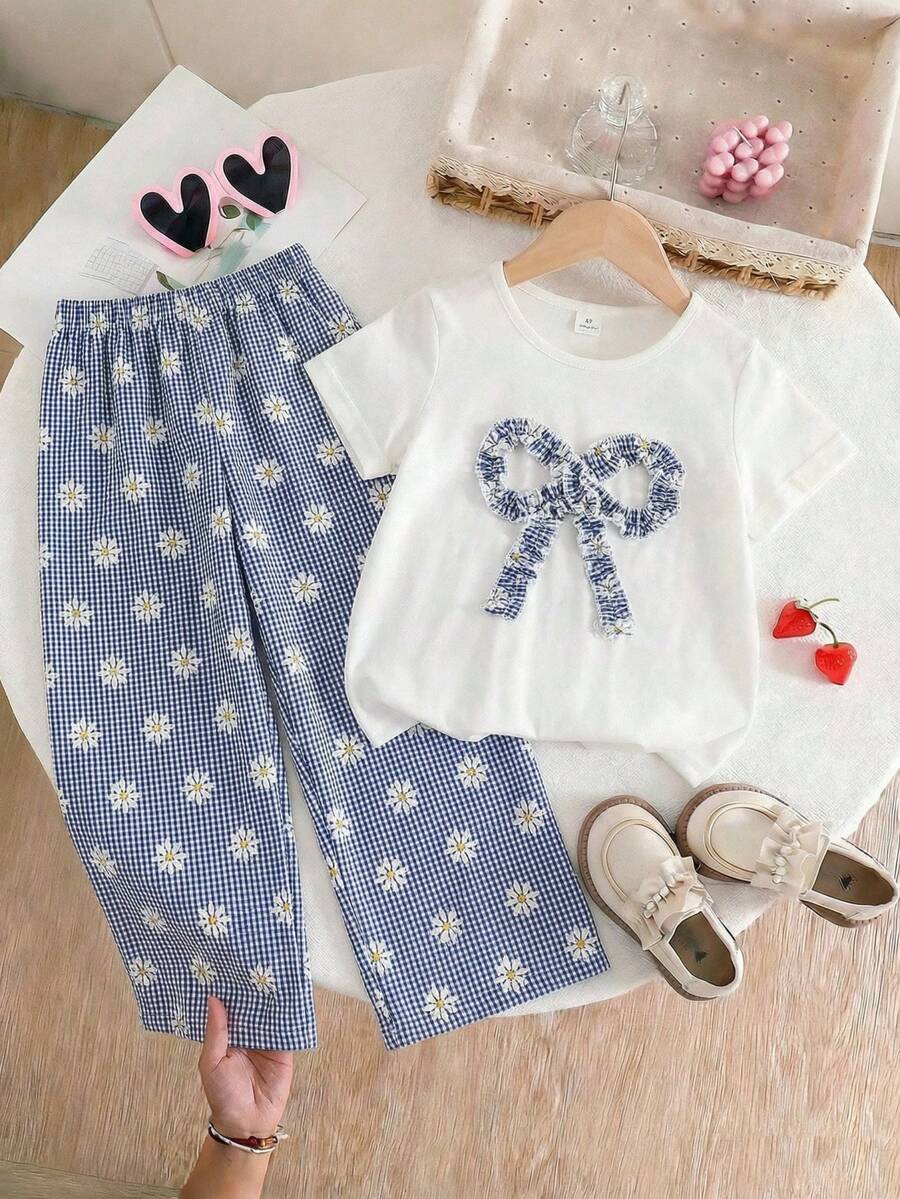 2pcs Girls Gingham Daisy Bow Appliqué Tee & Wide-Leg Pants Set - Iv...