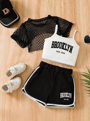 3pcs Girls Brooklyn Graphic Camisole, Mesh Overlay & Shorts Set - O...
