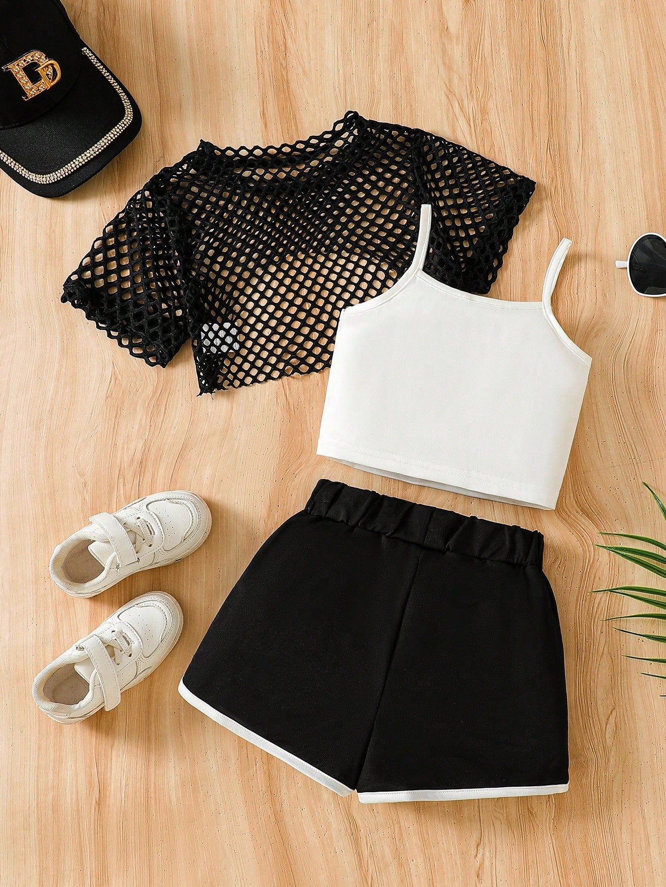 3pcs Girls Brooklyn Graphic Camisole, Mesh Overlay & Shorts Set - O...