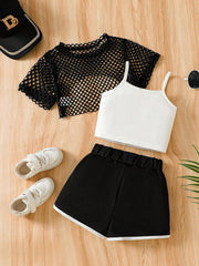 3pcs Girls Brooklyn Graphic Camisole, Mesh Overlay & Shorts Set - O...