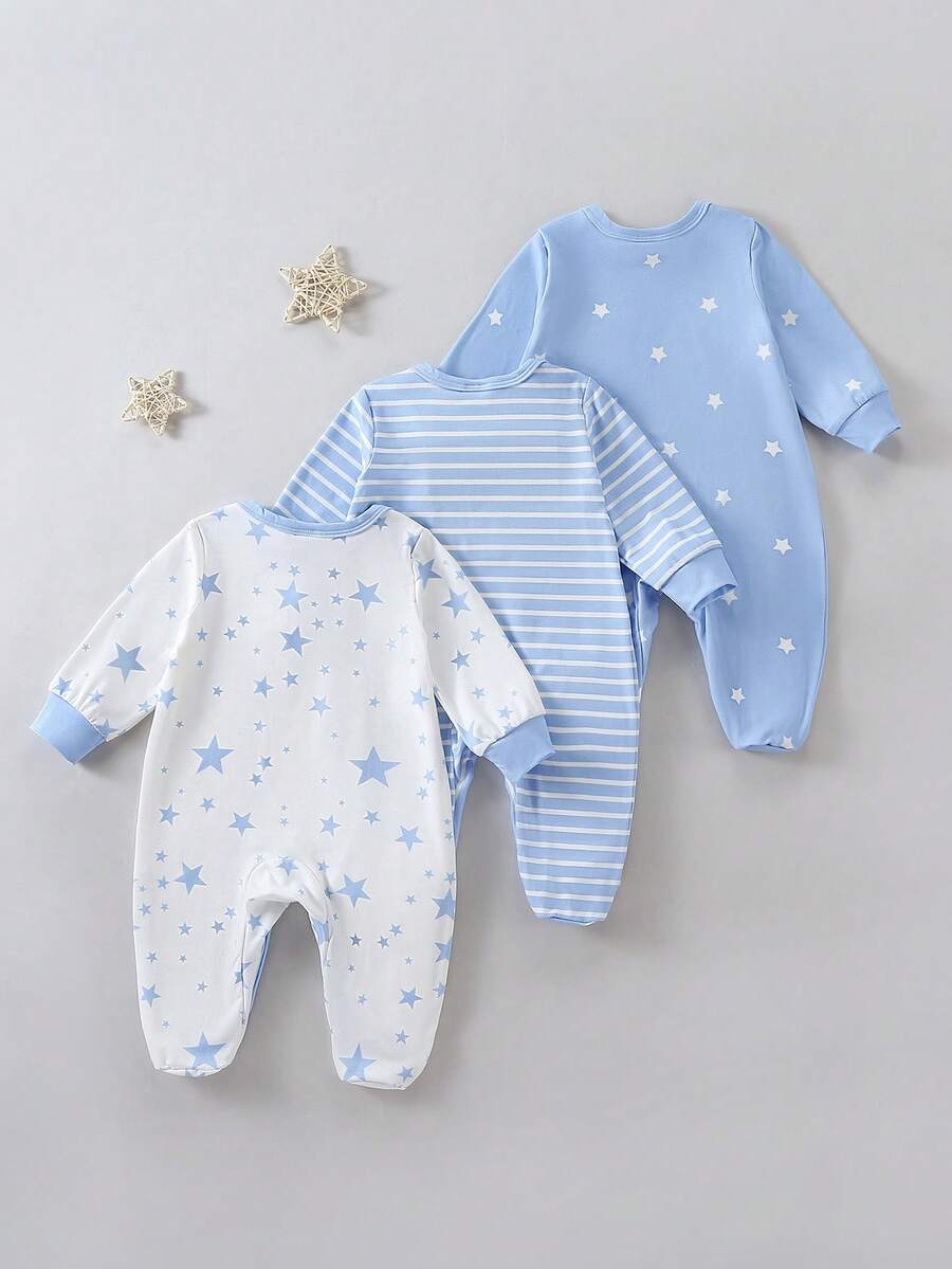 3pcs Baby Boys Star Print Footed Sleepsuit Set - Cerulean | 21 Cent...
