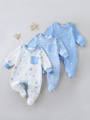 3pcs Baby Boys Star Print Footed Sleepsuit Set - Cerulean | 21 Cent...