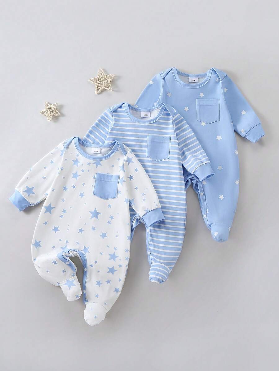 3pcs Baby Boys Star Print Footed Sleepsuit Set - Cerulean | 21 Cent...