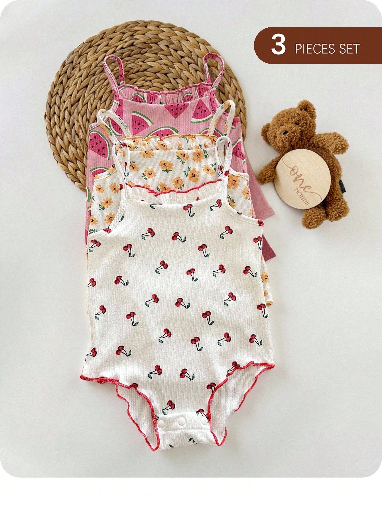 3pcs Girls Fruit Print Frill Neck Spaghetti Strap Bodysuit - Ivory ...
