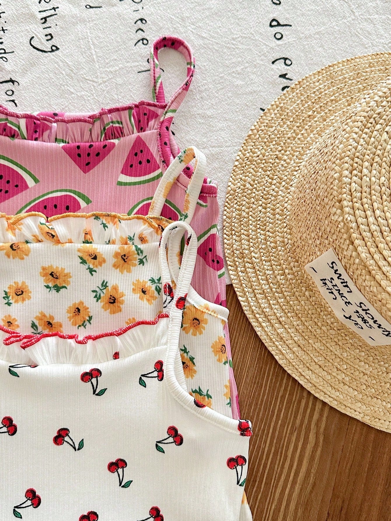 3pcs Girls Fruit Print Frill Neck Spaghetti Strap Bodysuit - Ivory ...