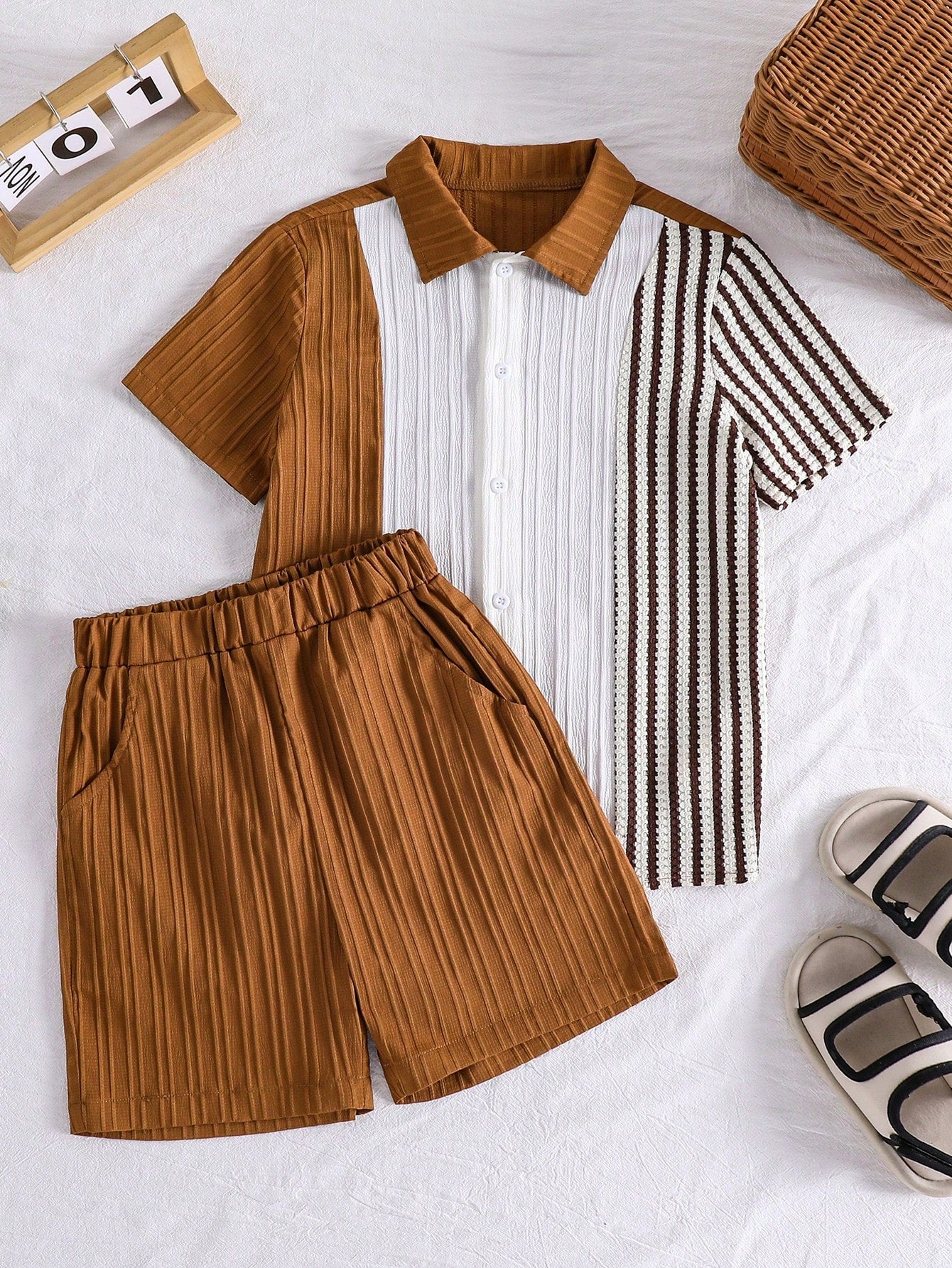 2pcs Boys Colourblock Striped Patchwork Shirt & Shorts Set - Ochre ...
