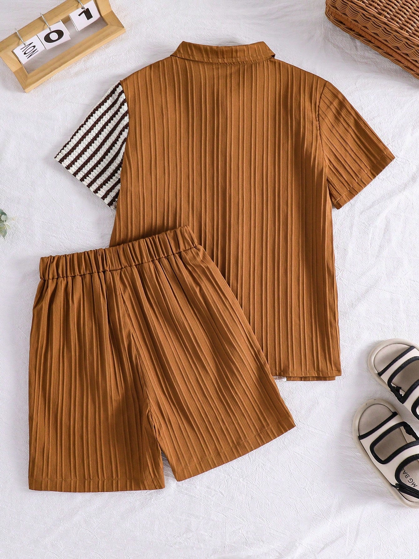 2pcs Boys Colourblock Striped Patchwork Shirt & Shorts Set - Ochre ...