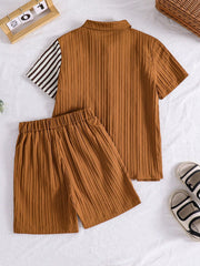 2pcs Boys Colourblock Striped Patchwork Shirt & Shorts Set - Ochre ...