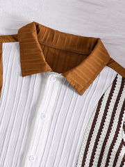2pcs Boys Colourblock Striped Patchwork Shirt & Shorts Set - Ochre ...