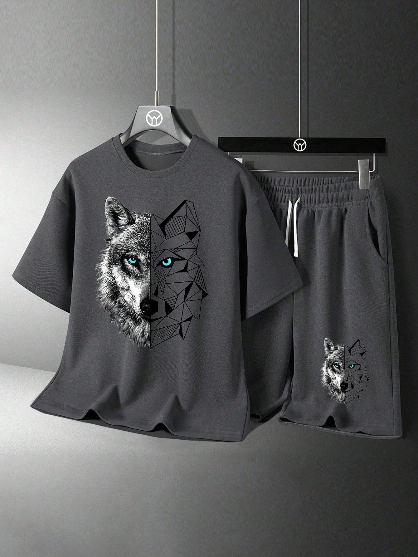 2pcs Boys Geometric Wolf Print T-Shirt & Shorts Set - Slate | 21 Ce...