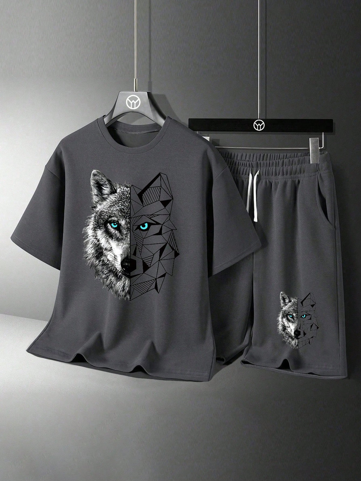 2pcs Boys Geometric Wolf Print T-Shirt & Shorts Set - Slate | 21 Ce...
