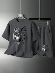 2pcs Boys Geometric Wolf Print T-Shirt & Shorts Set - Slate | 21 Ce...