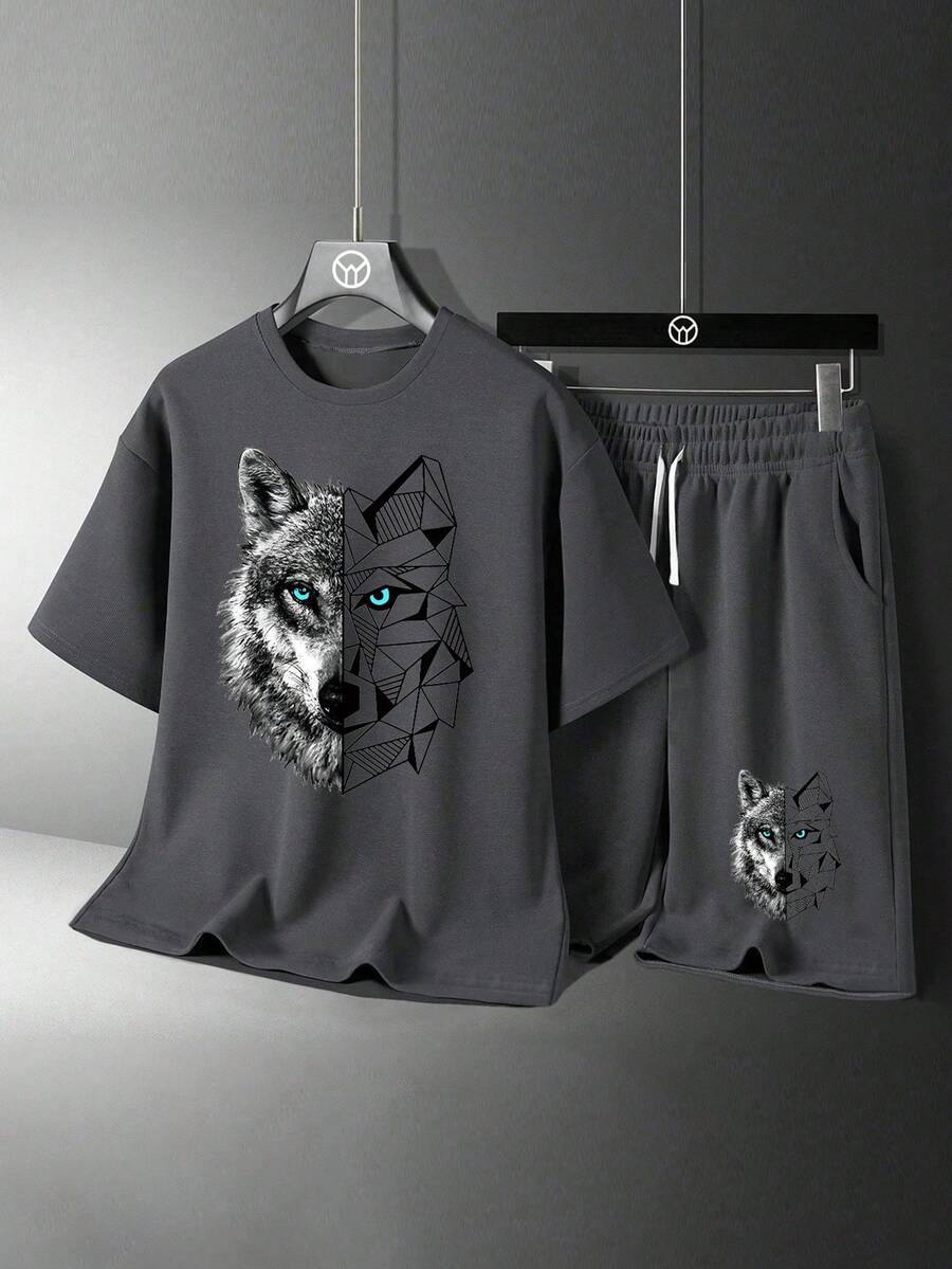 2pcs Boys Geometric Wolf Print T-Shirt & Shorts Set - Slate | 21 Ce...