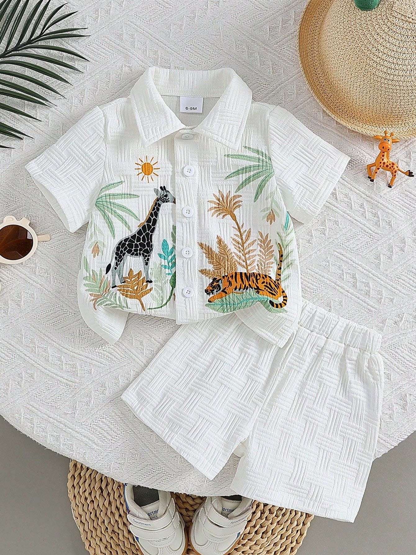 2pcs Boys Safari Animal Print Resort Collar Shirt & Shorts Set - Ivory