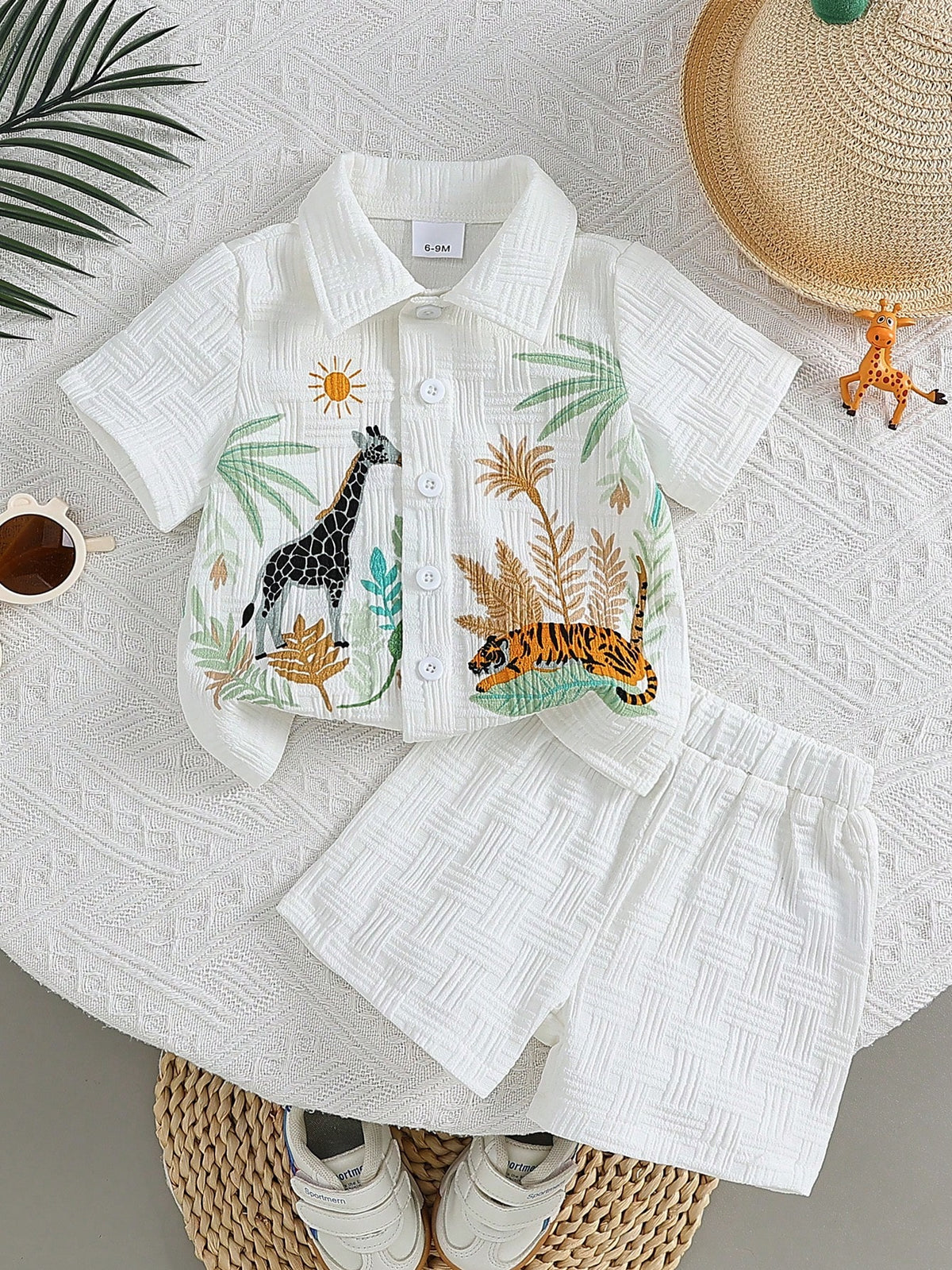 2pcs Boys Safari Animal Print Resort Collar Shirt & Shorts Set - Ivory