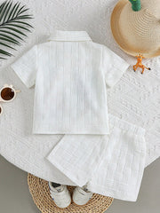2pcs Boys Safari Animal Print Resort Collar Shirt & Shorts Set - Ivory