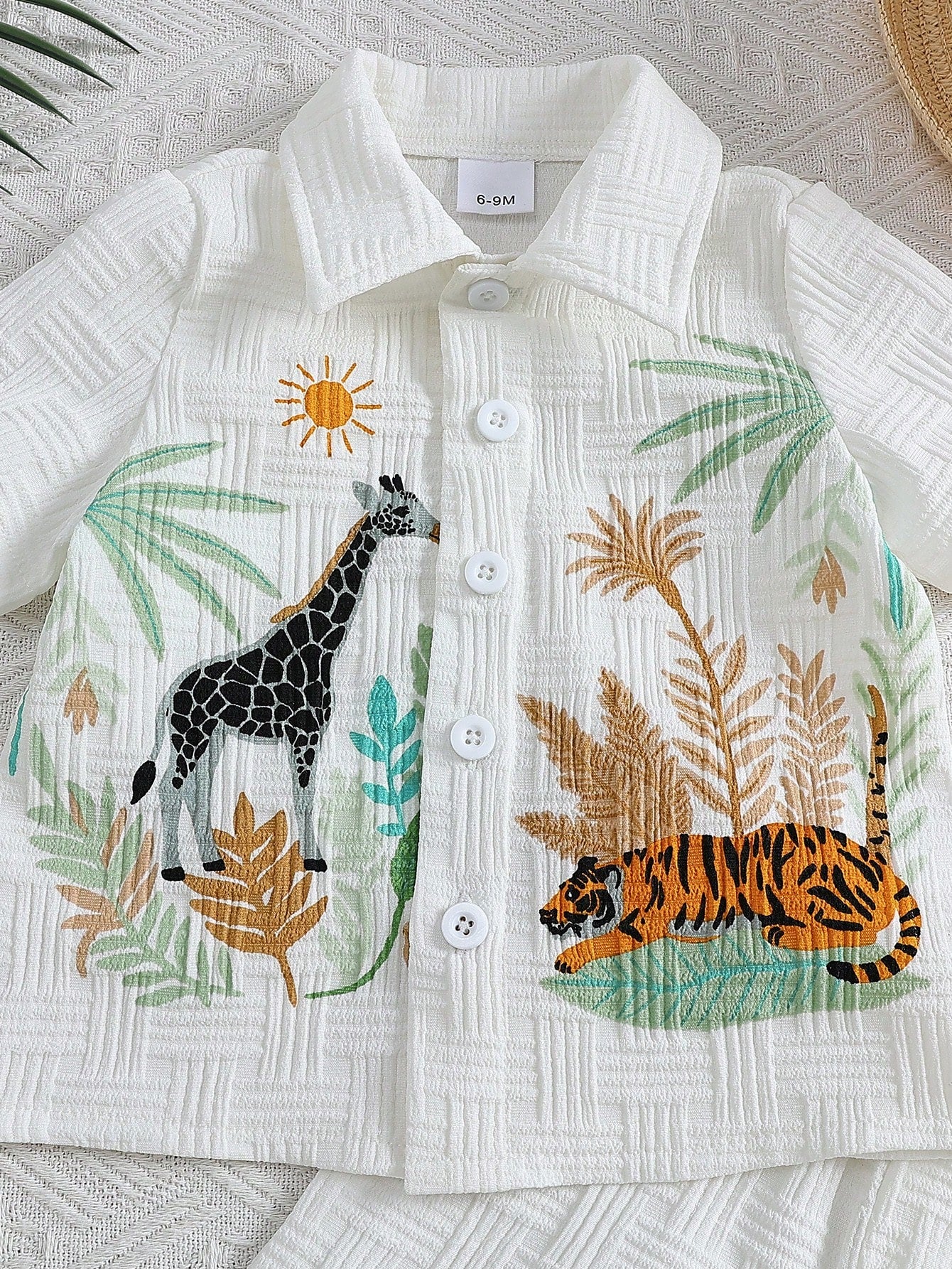2pcs Boys Safari Animal Print Resort Collar Shirt & Shorts Set - Ivory