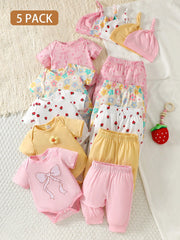 5pcs Baby Girls Bow & Floral Print Romper Set - Blush | 21 Century ...