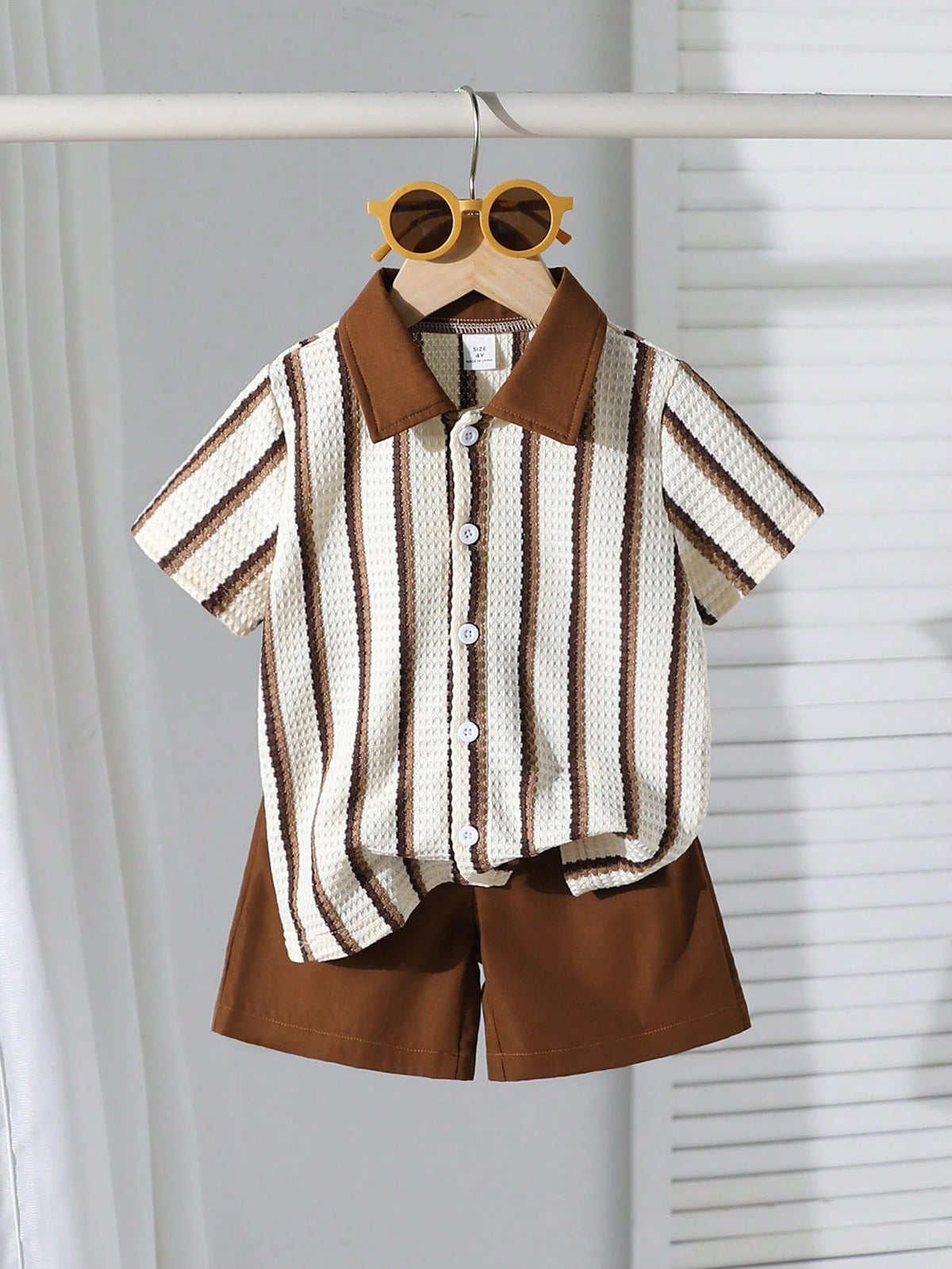2pcs Boys Waffle Stripe Polo Shirt & Shorts Set - Ecru