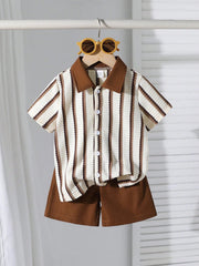2pcs Boys Waffle Stripe Polo Shirt & Shorts Set - Ecru