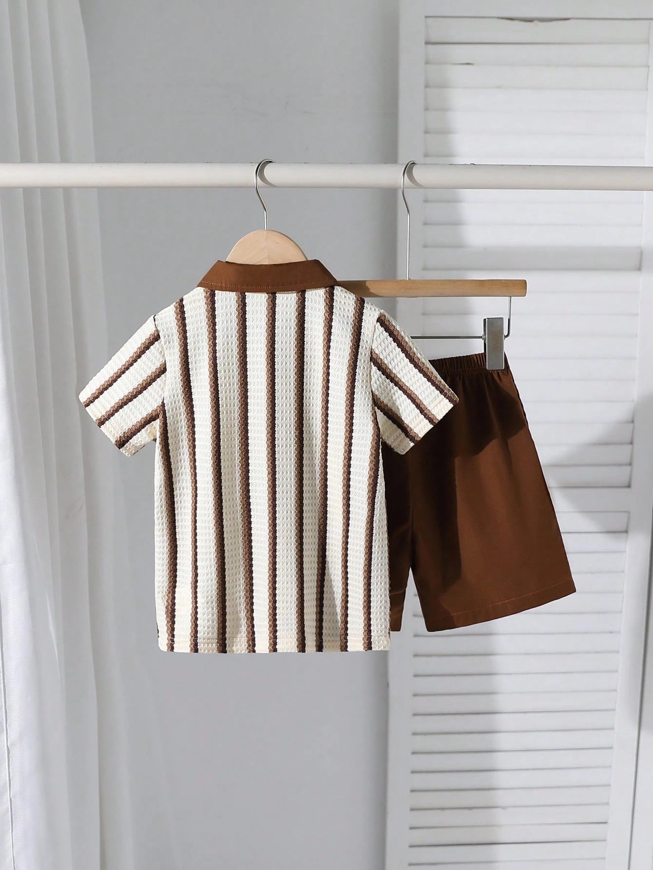2pcs Boys Waffle Stripe Polo Shirt & Shorts Set - Ecru