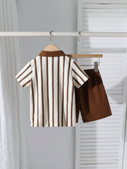 2pcs Boys Waffle Stripe Polo Shirt & Shorts Set - Ecru