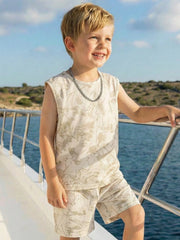 2pcs Little Boys Botanical Print Vest & Shorts Set - Ecru