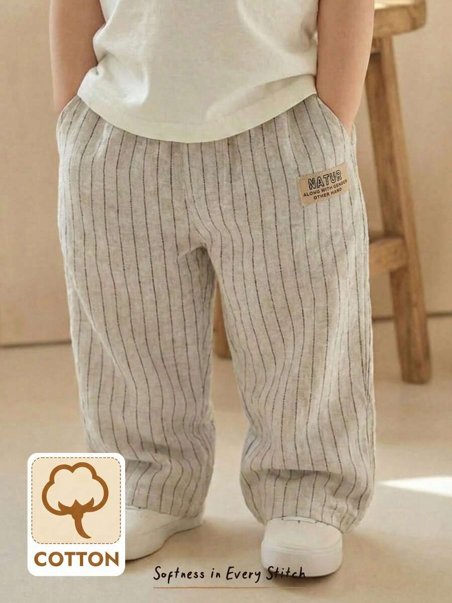 Boys Pinstripe Cotton Wide-Leg Trousers - Ecru | 21 Century Kids