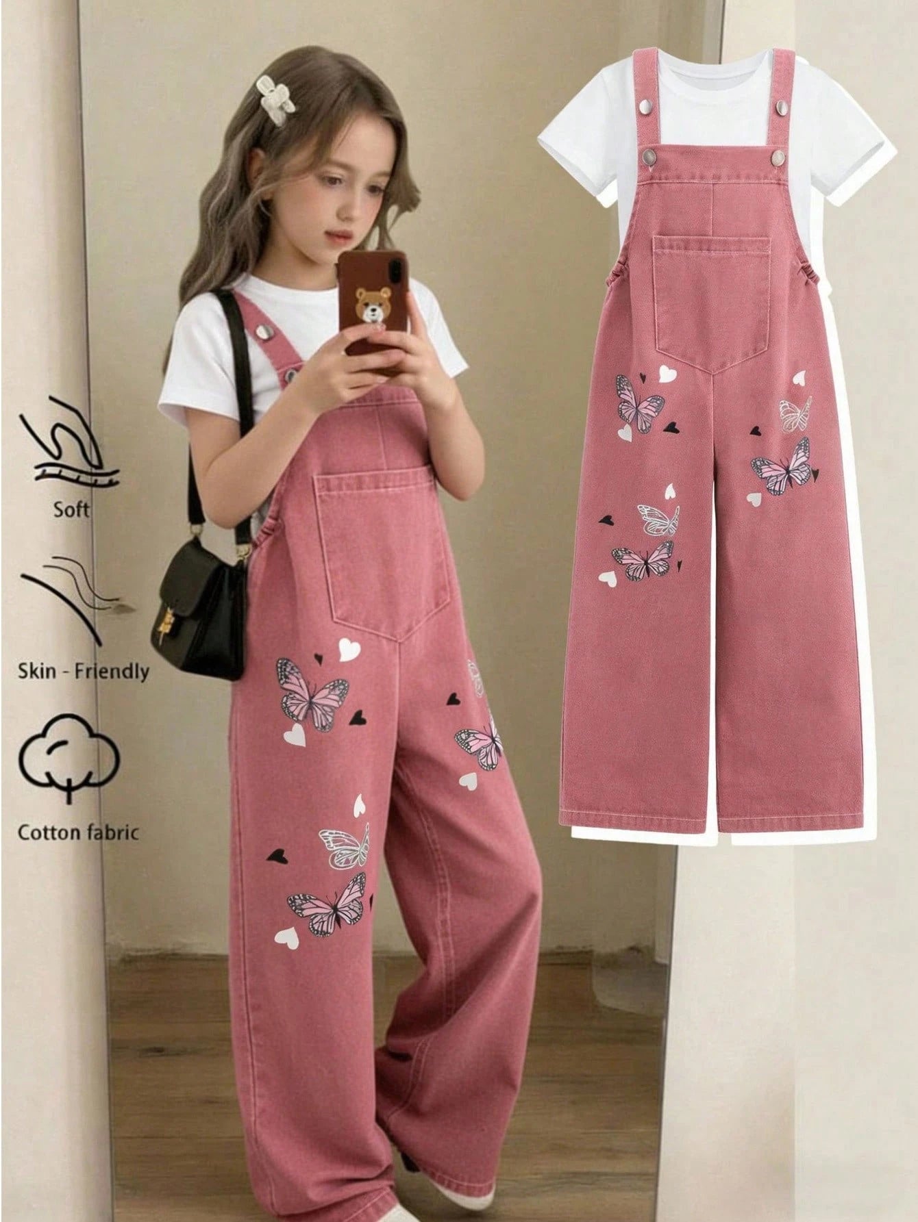 Big Girls Butterfly Print Wide-Leg Denim Dungaree - Dusty Rose | 21...