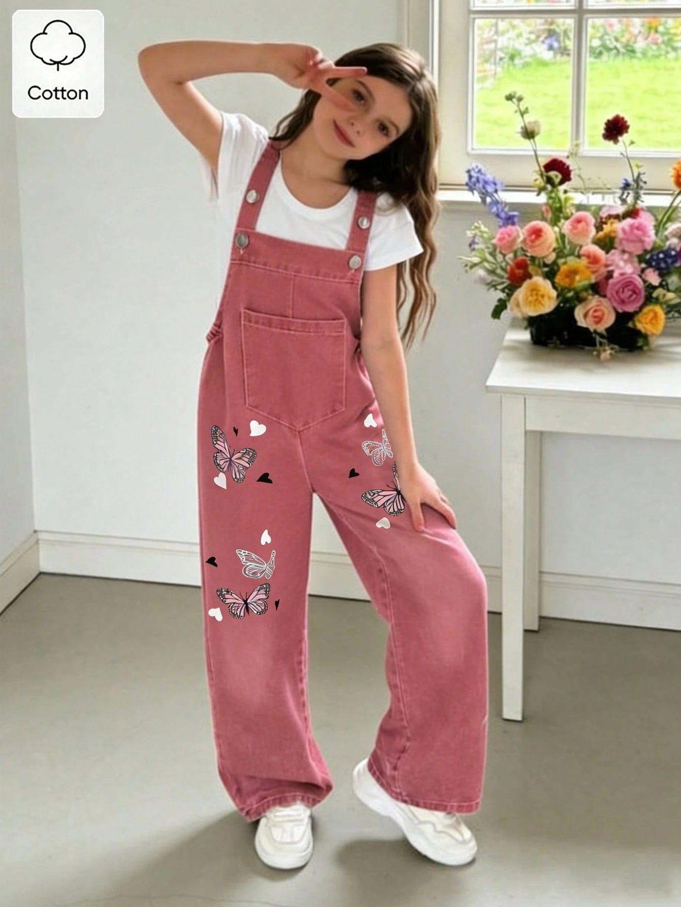 Big Girls Butterfly Print Wide-Leg Denim Dungaree - Dusty Rose | 21...