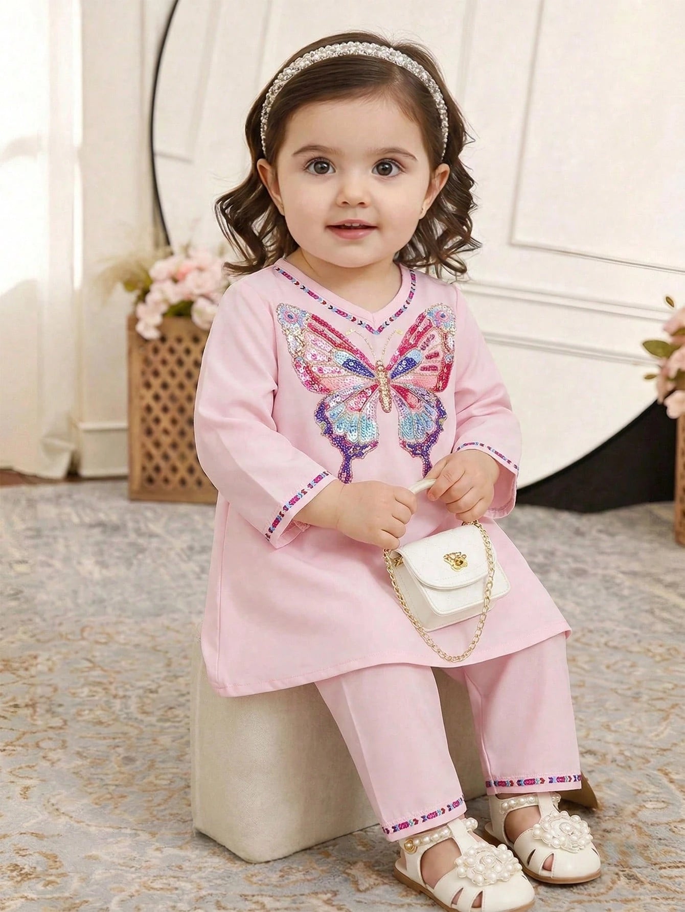 2pcs Girls Sequin Butterfly Embroidered Top & Pants Set - Blush | 2...