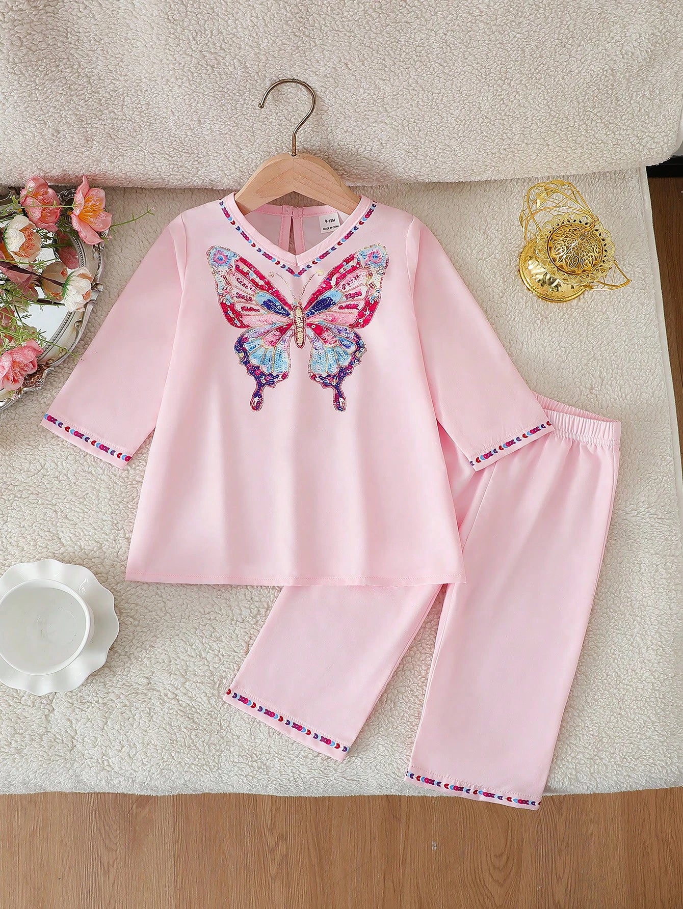2pcs Girls Sequin Butterfly Embroidered Top & Pants Set - Blush | 2...