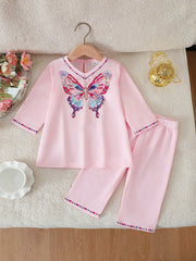 2pcs Girls Sequin Butterfly Embroidered Top & Pants Set - Blush | 2...