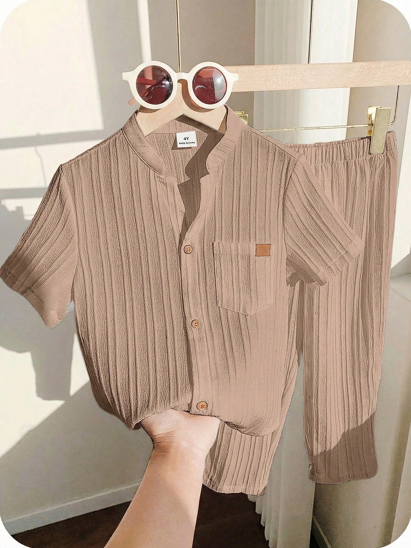 Little Boys Textured Muslin Stand Collar Shirt & Trousers - Greige