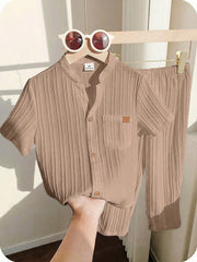 Little Boys Textured Muslin Stand Collar Shirt & Trousers - Greige
