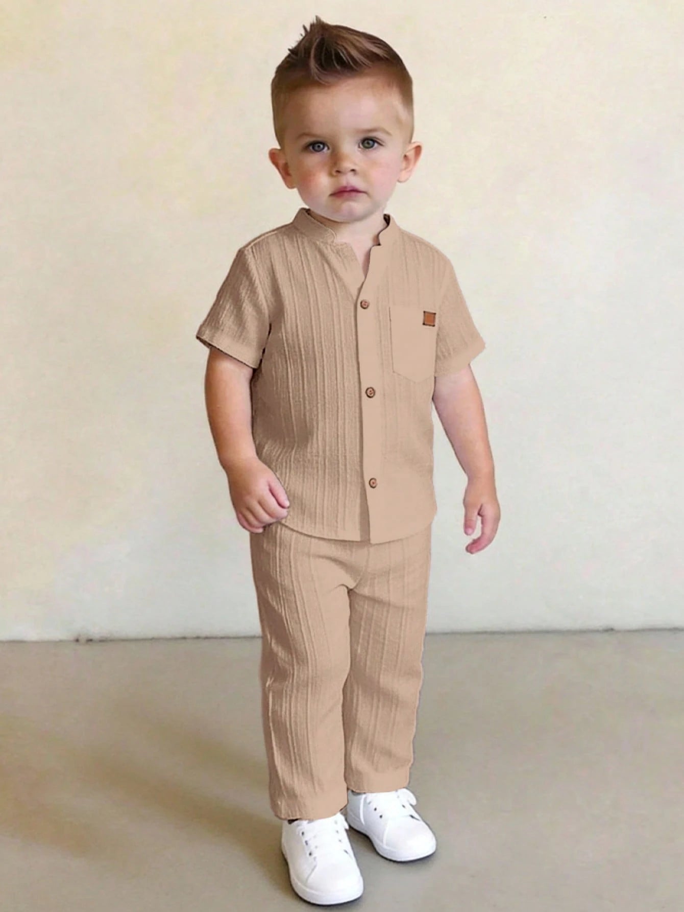 Little Boys Textured Muslin Stand Collar Shirt & Trousers - Greige
