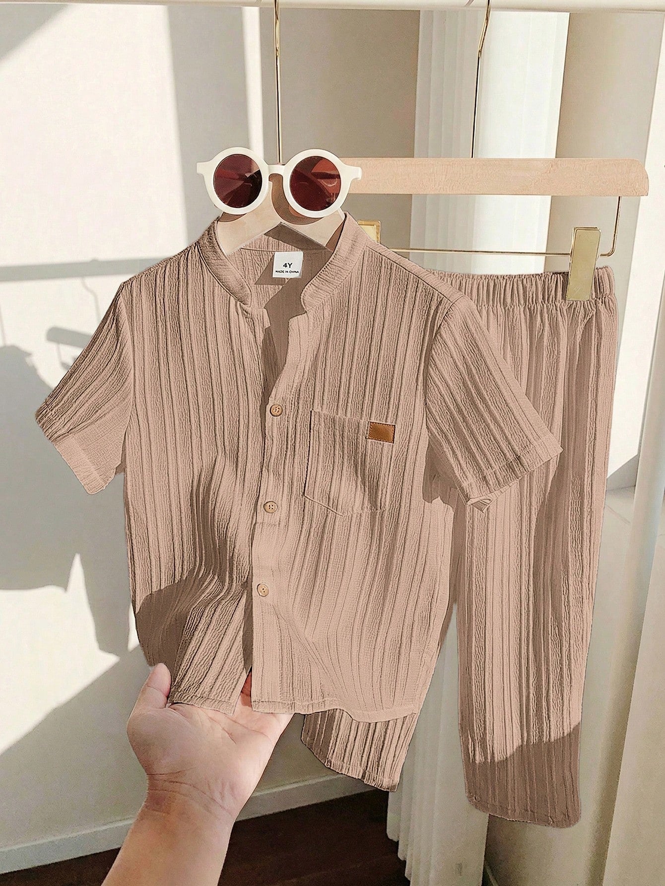 Little Boys Textured Muslin Stand Collar Shirt & Trousers - Greige